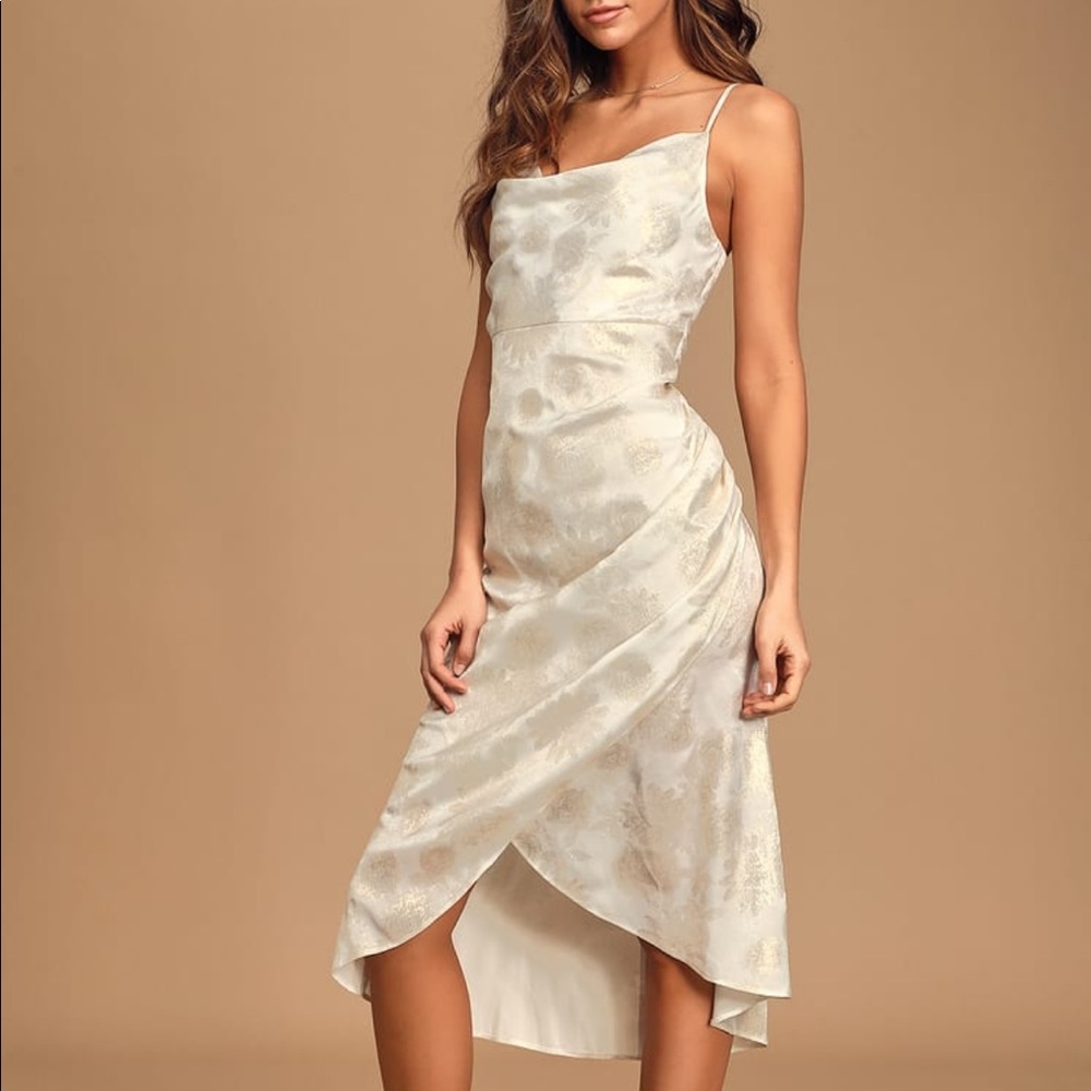 White and Gold Floral Print MIDI Dress NWT